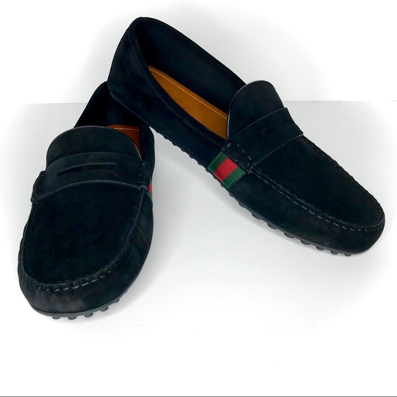 black suede driving loafers